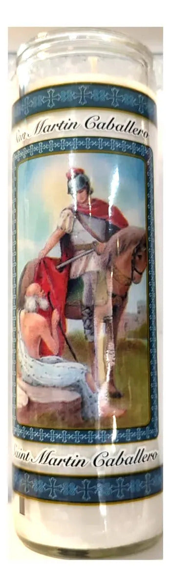 Veladora San Martín Caballero · 8 pulgadas · blanca