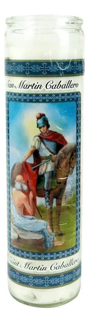 Veladora San Martín Caballero · 8 pulgadas · blanca