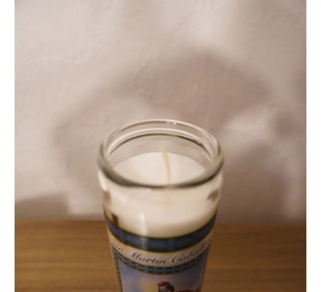 Veladora San Martín Caballero · 8 pulgadas · blanca